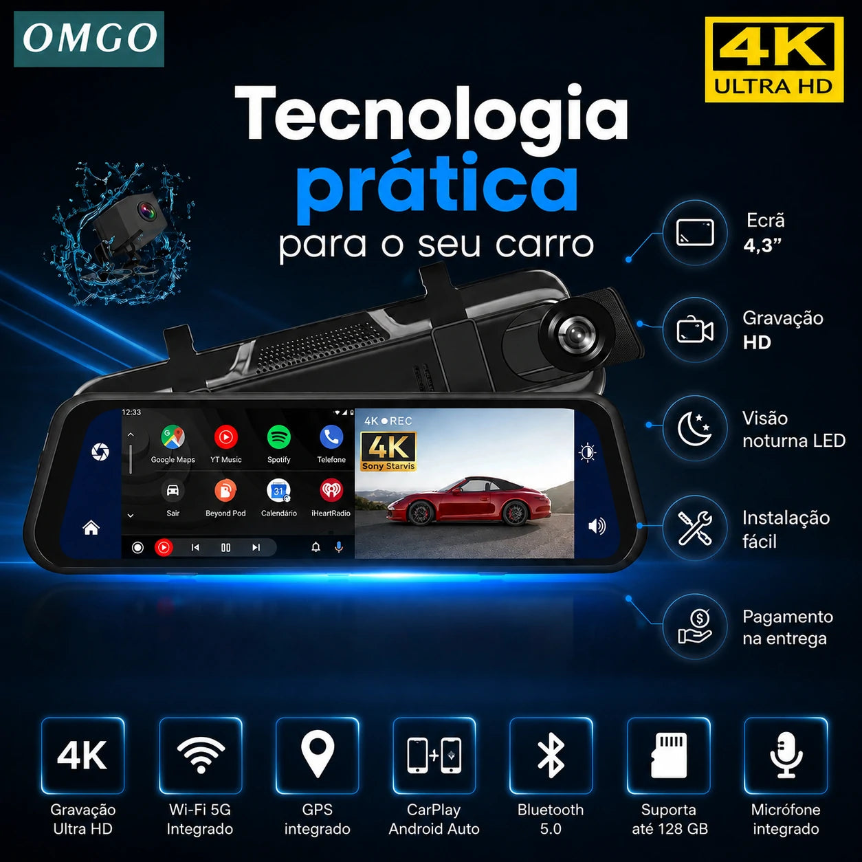 Espelho Retrovisor com Câmara Frontal + Câmara Traseira | DriveVision 360