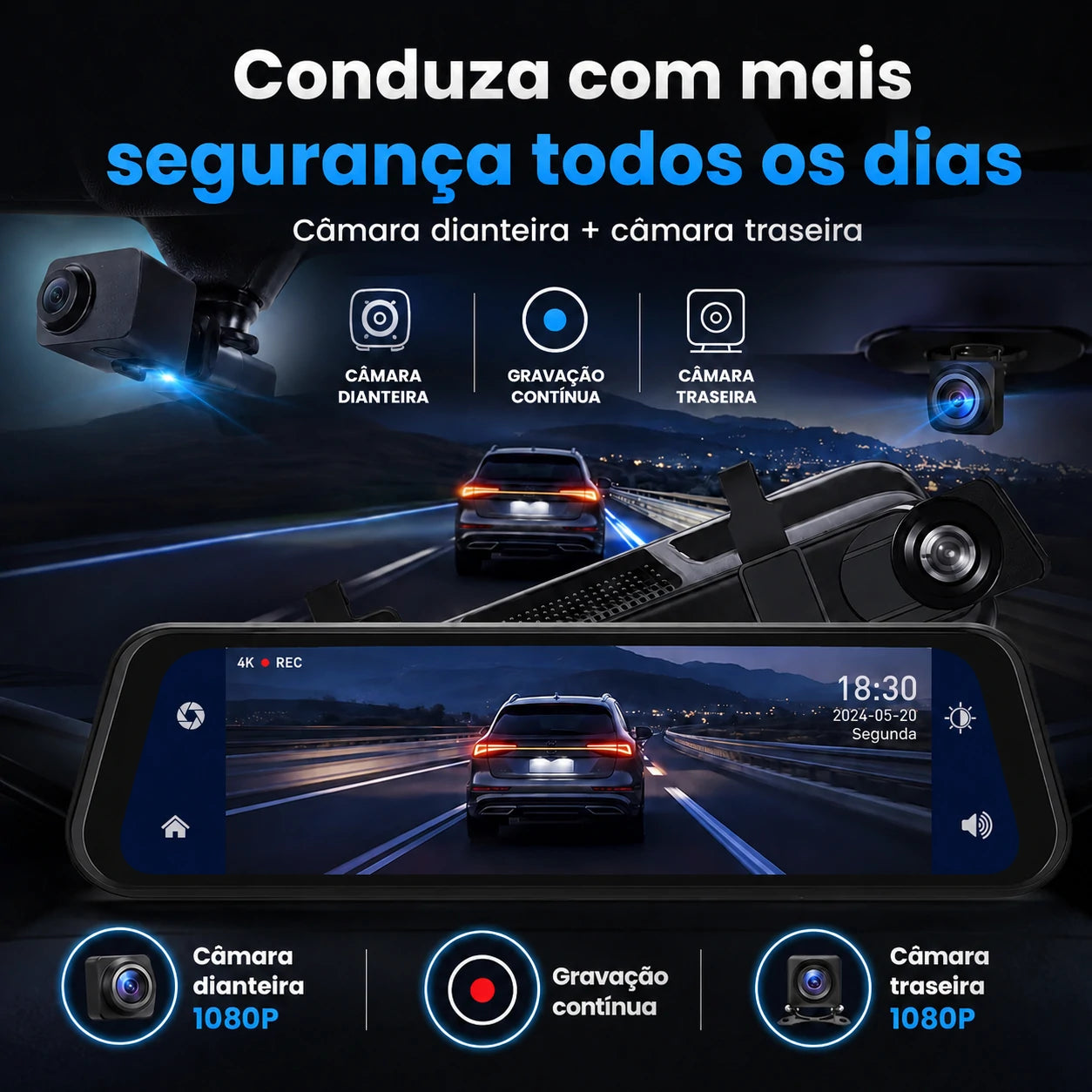 Espelho Retrovisor DriveVision 360 com Câmara Frontal e Traseira
